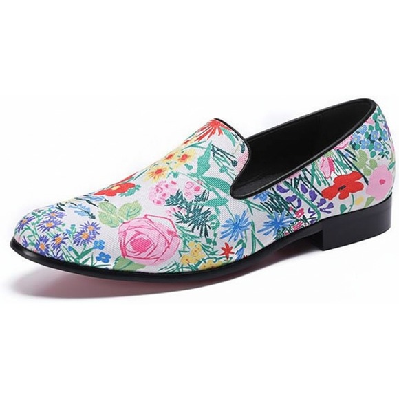 Santimon Men's US 12.5 White Floral Lightweight Smoking Loafers Slip On Shoes